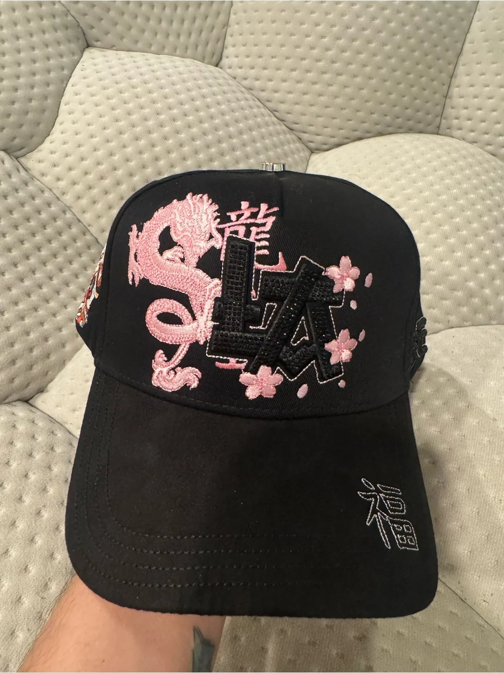 Black Baseball LA Cap with Rhinestones Pink Dragon & Embroidered Characters